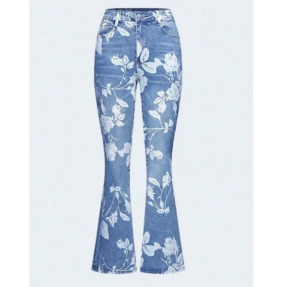 Vintage Style Floral Print Bell Bottom High Waist Denim Jeans - Picture 2 of 6